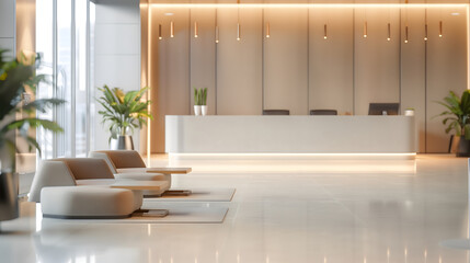 Modern office lobby with clean lines and soft colors, professional and inviting,