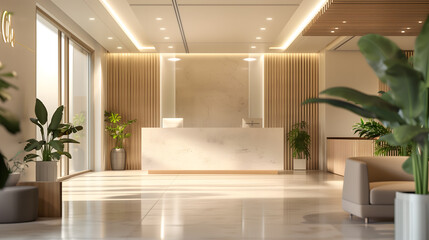 Fototapeta premium Modern office lobby with clean lines and soft colors, professional and inviting,