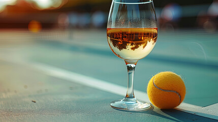 A Wine Goblet Filled with Transparent Liquid on an Orange Tennis Ball, Surrounded by a Tennis Court with Distant Figures and Trees, Illuminated by Soft Sunlight