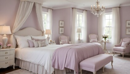 Romantic bedroom featuring a touch of lilac as the accent color, with sheer curtains billowing softly in the breeze