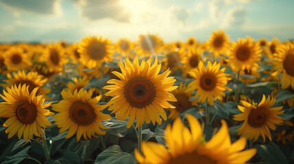 Obraz premium Rows of sunflowers standing tall, turning towards the summer sun.