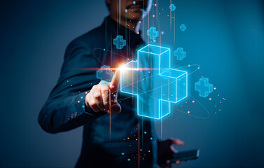 A businessman is depicted reaching out to a virtual blue plus sign, symbolizing the offering of...