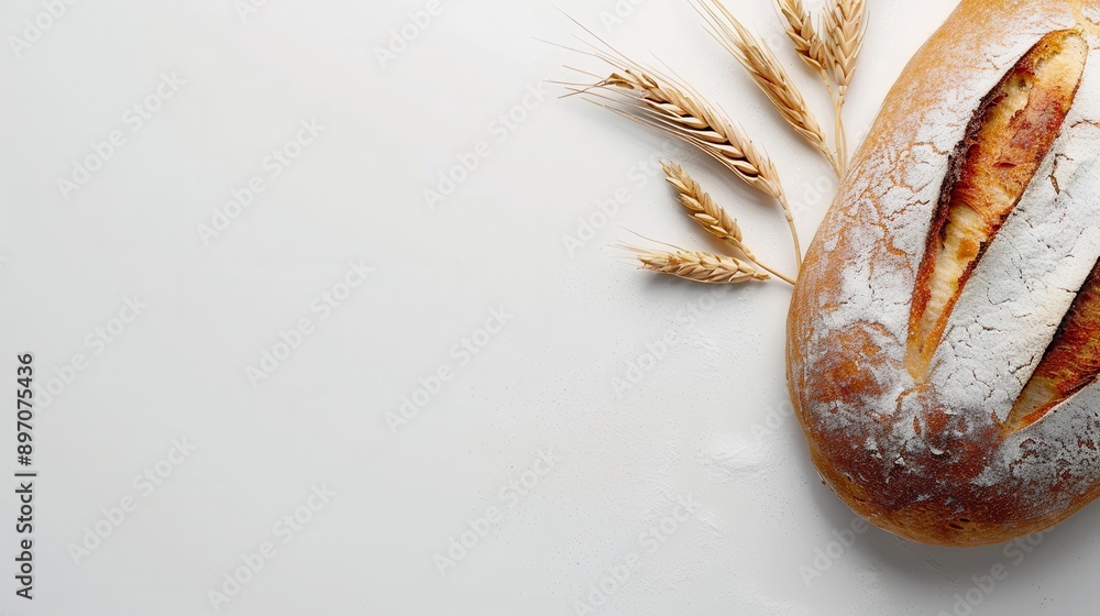 Poster a freshly baked loaf of bread made with wheat flour sits on a white background. three wheat ears are