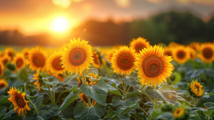 Obraz premium Rows of sunflowers standing tall, turning towards the summer sun.