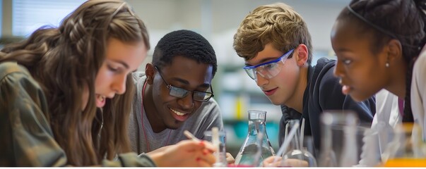 Diverse group of students conducting a science experiment collaboratively in a classroom setting.