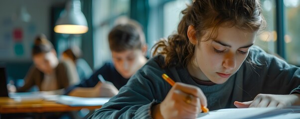 Focused students diligently working on an exam in a classroom setting with natural light coming through the windows.