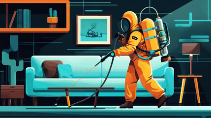 Illustration of a person in a protective suit disinfecting a living room interior with modern furniture and decor.