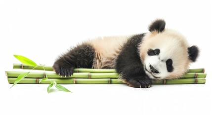 Fototapeta premium Charming of a sleepy panda cuddling a bamboo shoot, single object isolated on a white backdrop Perfect for soft, serene nursery artwork