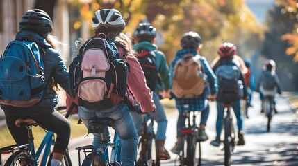 Group of kids riding bicycles on a sunny day, wearing backpacks and helmets. Outdoor activity in a vibrant and safe neighborhood.