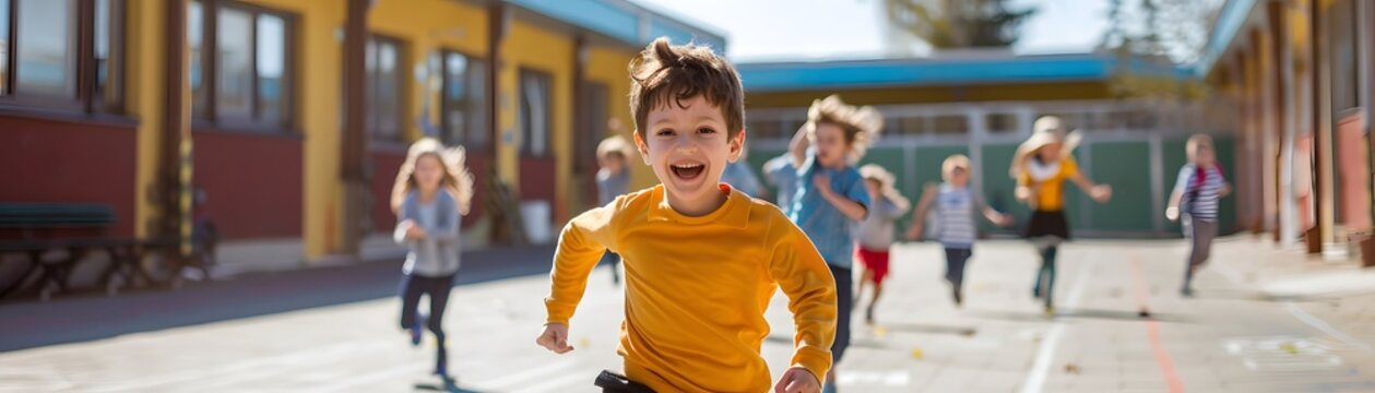 Group of happy kids running and playing outside at a school playground, capturing the joy of childhood and outdoor activities.