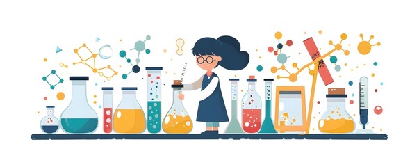 Illustration of a scientist with lab equipment conducting experiments in a laboratory setting with scientific graphics and molecular structures.