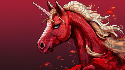 空想の動物ユニコーン、赤い体の馬、幻想的な姿
