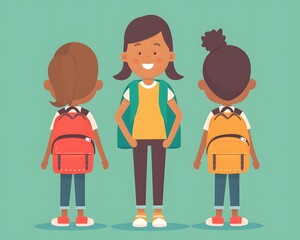 Illustration of three school children, with one smiling in front and two with backpacks, on a green background.