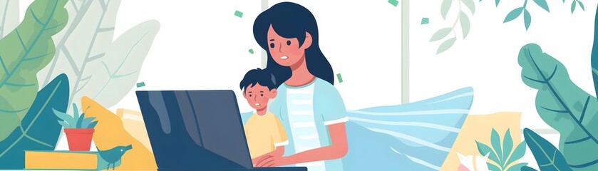 Mother and child using a laptop together in a cozy room with plants and natural light streaming in from outside.