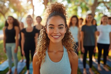 Smiling Woman in a Yoga Class Outdoors on a Sunny Day, copy space for text, yoga web advertising