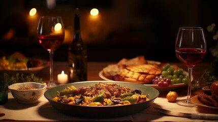 a table topped with plates of food and glasses of wine next to a bowl of salad and a glass of wine on top of a table.