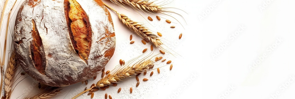 Poster a freshly baked loaf of wheat bread sits on a white background with wheat stalks and grains scattere
