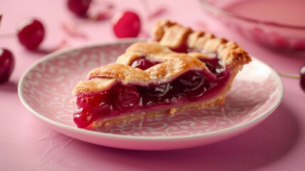 A Slice of Cherry Pie on a Pink Plate