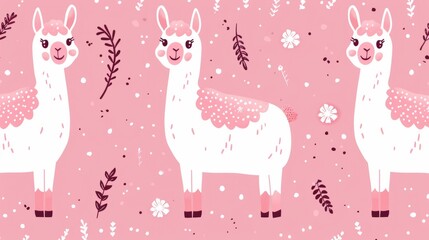The seamless floral pattern showcases adorable white llamas with pink accents, creating a charming and delightful design
