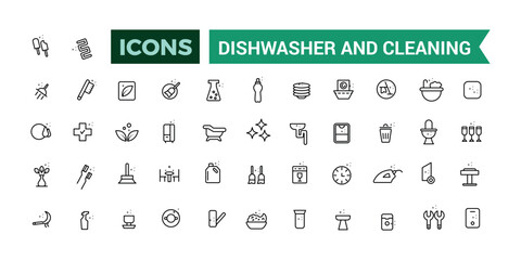 Dishwasher and cleaning icons set. Outline icons pack. Editable vector line icon set and illustration for web and UI application.