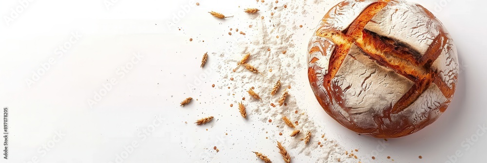 Poster a freshly baked loaf of bread sits on a white background with wheat flour and wheat stalks scattered
