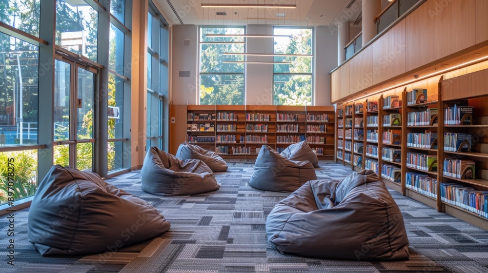 Poster A library reading area with large windows and a carpeted floor. Several beanbag chairs are arranged for comfortable reading. Bookshelves line the walls, filled with books.