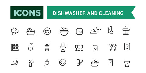 Dishwasher and cleaning icons set. Outline icons pack. Editable vector line icon set and illustration for web and UI application.