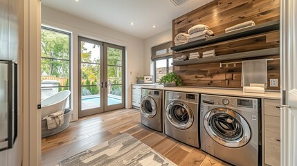 Modern Laundry Room with Poolside Access. Modern laundry room with direct access to the poolside, featuring sleek appliances, wooden shelves, and a spacious layout for practical use.