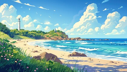 A beautiful beach scene with a lighthouse anime style cartoon