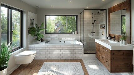 Modern Bathroom with Subway Tiles and Natural Light. Stylish modern bathroom featuring subway tiles, large windows, and natural light, creating a bright and refreshing ambiance.