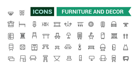 Furniture and Decor icons collection. Outline icons pack. Editable vector icon set and illustration for web and UI.