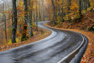 Fototapeta premium A winding road through the forest in autumn, wet pavement after rain, trees with orange and yellow leaves, low angle view...