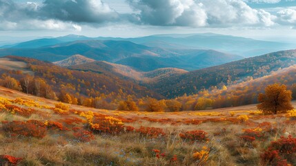 Obraz premium Majestic Autumn Beauty. Panoramic autumn landscape with mountains and rich fall colors