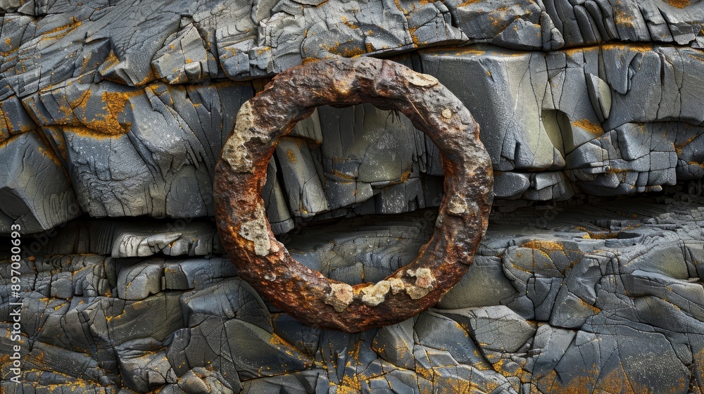 Poster the rusty iron loop is ingrained within the textured stone structure, adding a touch of antiquity