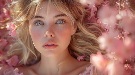 Fototapeta premium bueatful girl radiant Eyes Amidst Pink Blossoms, A Tender Moment Captured