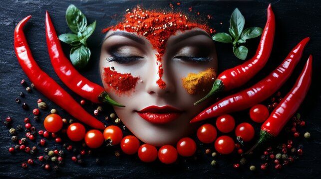 Whimsical vegetable and spice face winks on chalkboard, creative food concept with friendly smile