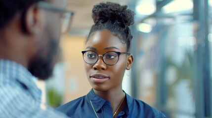 Obraz premium A woman wearing glasses converses with a man in a casual setting