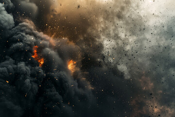 fire explosion with particles flying through a dark, smoky cloud of grey and black smog. This dramatic stock photo captures the intense burst of dust and ash, creating a powerful v