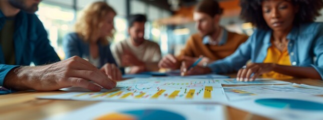 a business team meeting. A diverse group of people are discussing marketing data around a large table with charts and graphs. Natural daylight is casting soft shadows in the office environment.