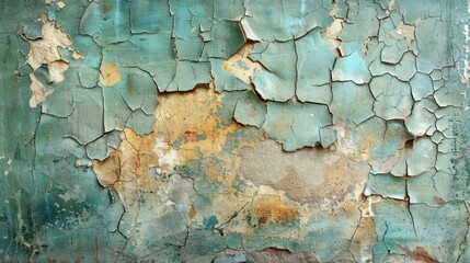 Obraz premium The weathered green and yellow wall surface is prominently displaying signs of age and decay, adding character to the surroundings
