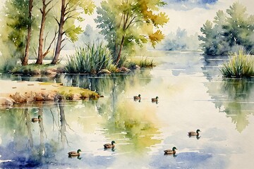 A serene watercolor of a calm river with ducks with space for text