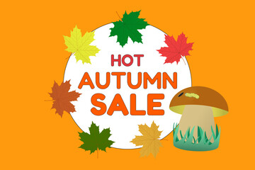 Vibrant autumn sale illustration featuring colorful maple leaves and a mushroom. Perfect for seasonal promotions and marketing.
