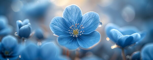 Blue Myosotis or Forget-me-not plants in garden on blurred background. Spring or summer flowers landscape. Floral backdrop for greeting card, banner, wallpaper, poster