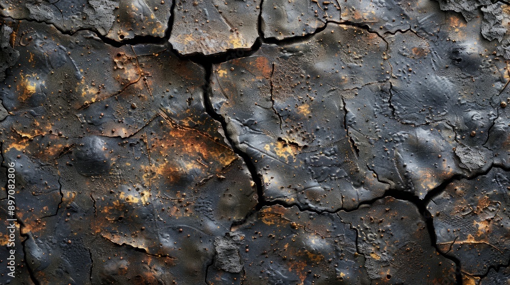 Poster detailed view of a weathered metal surface displaying intricate cracks and markings