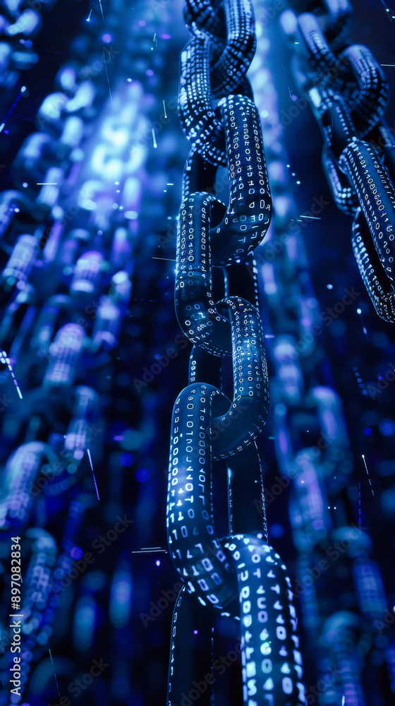 Poster digital blue chain with binary code on a dark background