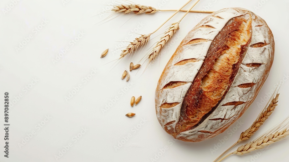Poster a freshly baked wheat bread loaf sits on a white background with wheat spikes scattered around it. g