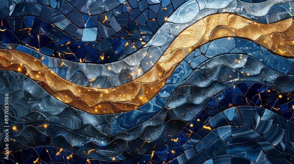 Poster captivating abstract blue and gold mosaic pattern illuminated by sparkling lights