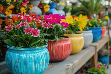 colorful flower pots with flowers in shop