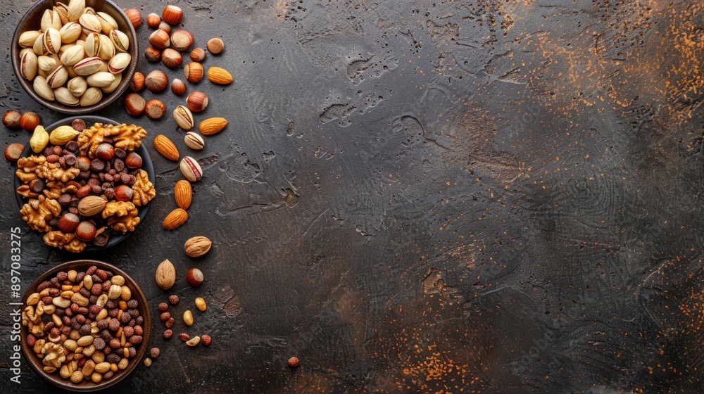 Poster various types of nuts displayed beautifully on a vintage stone table with a rustic touch