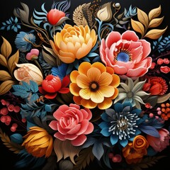 Intricate Bohemian Floral Pattern on a Stylish Black Canvas